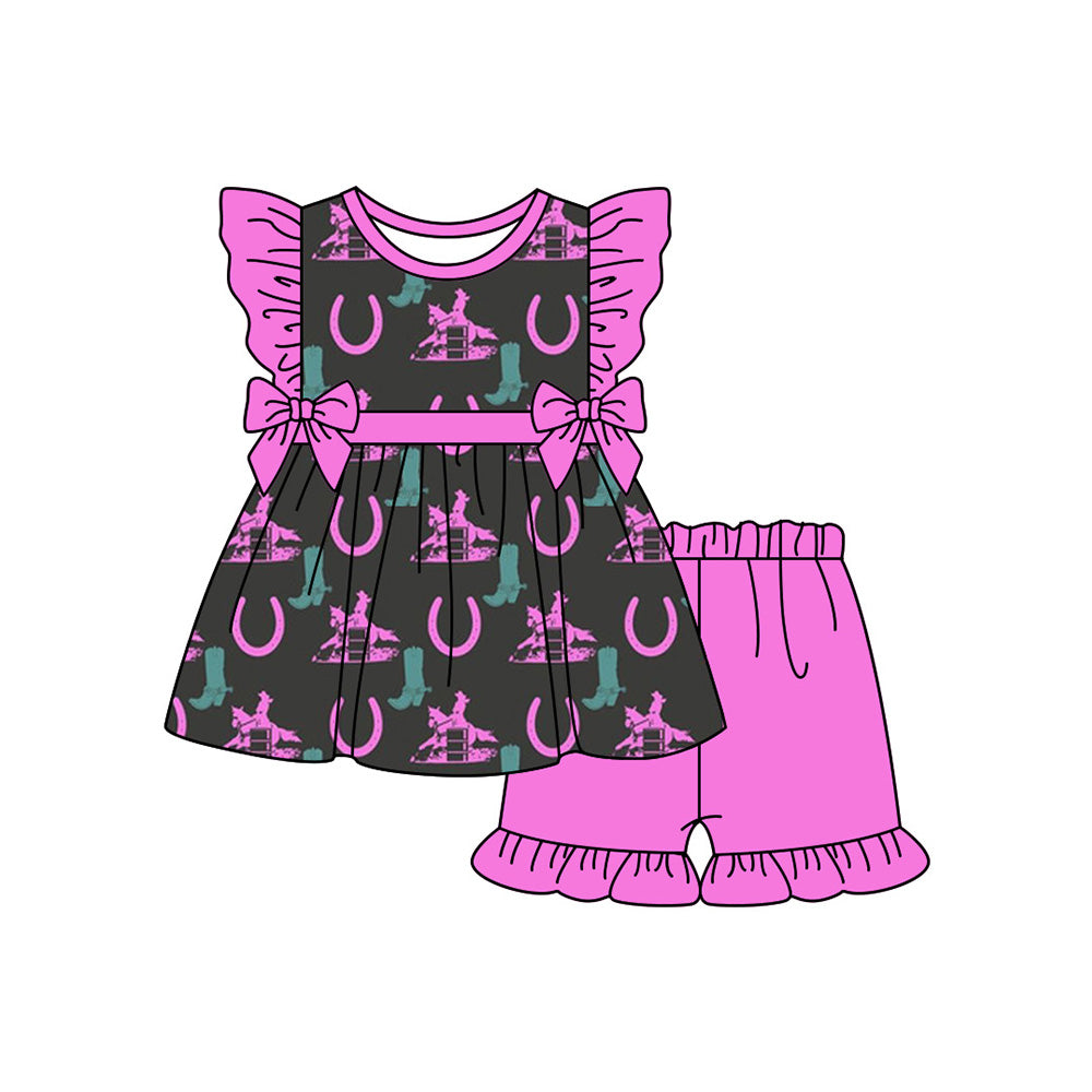 Preorder (moq 5)Baby Girls Western Rodeo Bows Tunic Top Ruffle Shorts Clothes Sets