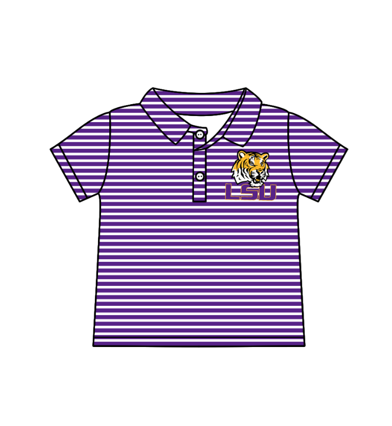 Preorder (moq 5)Baby Boys Short Sleeve Purple Stripe LSU Tiger Team Button Polo Shirts Top