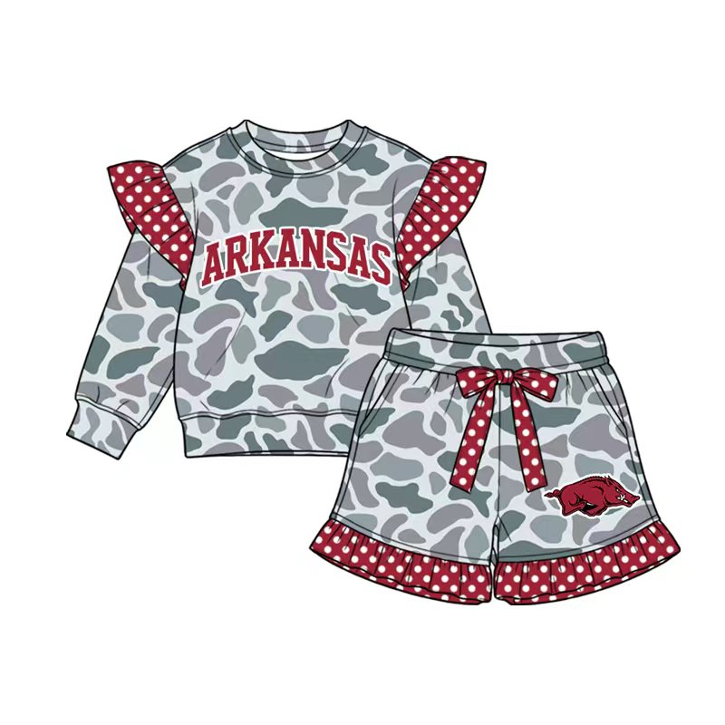 Preorder (moq 5) Baby Girl Clothes Arkansas Razorback Camo Polka Dot Ruffle Print Long Sleeve Top Short Set
