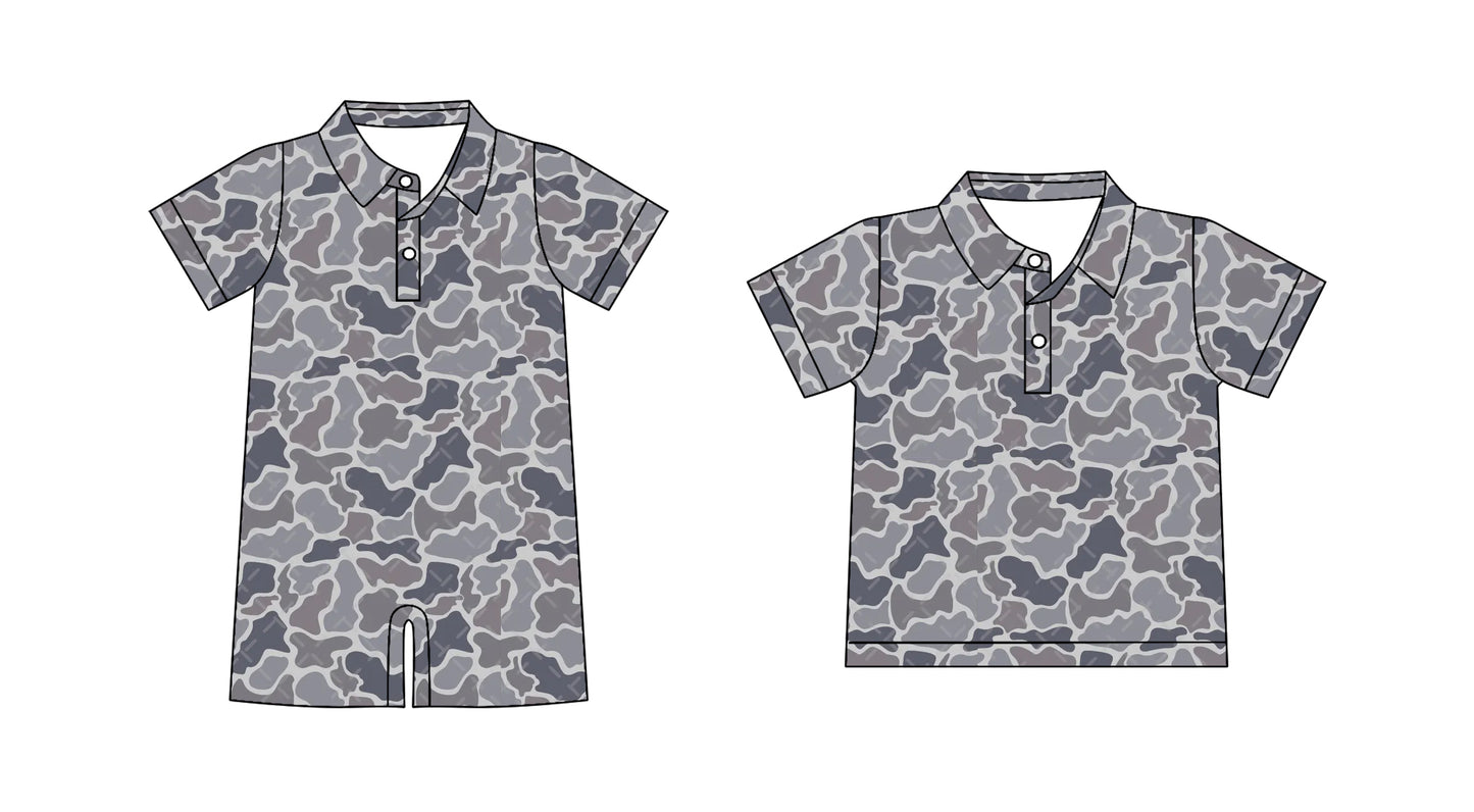 Preorder moq 5 Custom Baby Boys Short Sleeves Gray Camo Button Polo Shirts Top Rompers