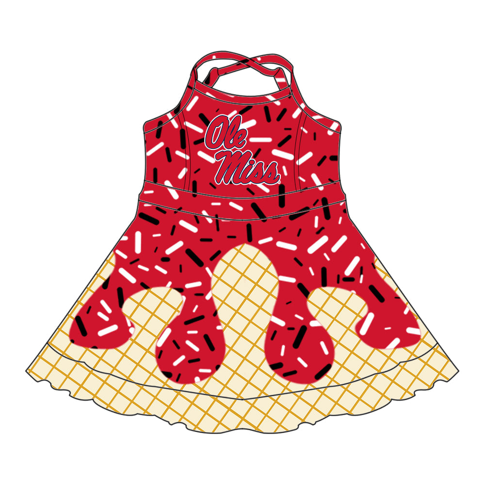 Preorder (moq 5)Baby Girls Drip Sprinkles Ole Miss Team Shorts Ruffle Knee Length Dress