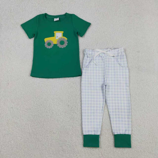 Sibling Baby Boys Green Embroidery Trucks Checked Pockets Pants Farm Set Footie Rompers