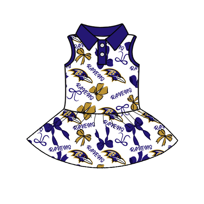 Preorder (moq 5)Baby Girls Hot Blue Sleeveless Button Ravens Bows Shorts Team Knee Length Dresses
