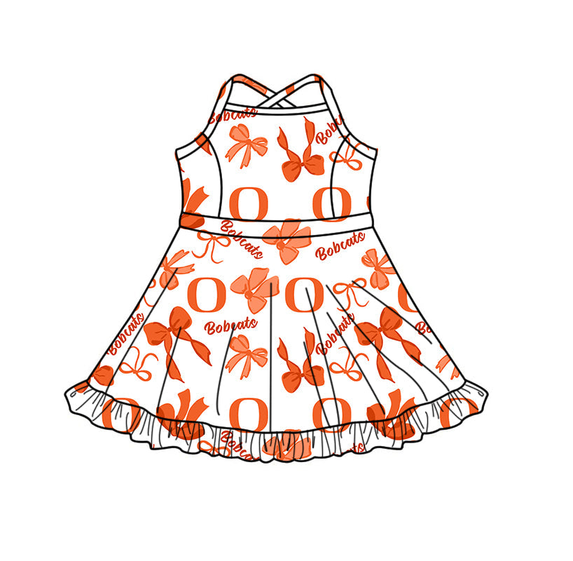 Preorder (moq 5)Baby Girls Strap Bobcats Bows Team Shorts Ruffle Knee Length Dresses