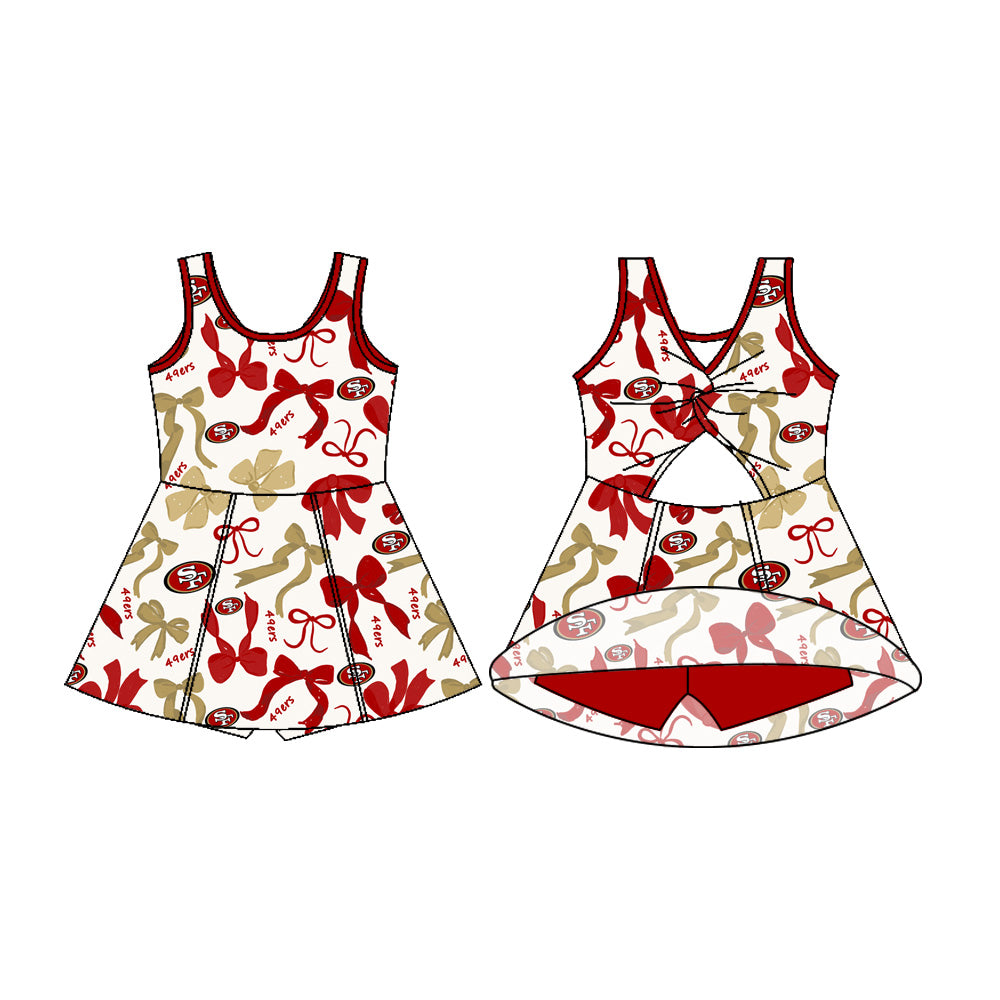 Preorder (moq 5)Baby Girls Sleeveless 49ers Bows Shorts Team Knee Length Dresses