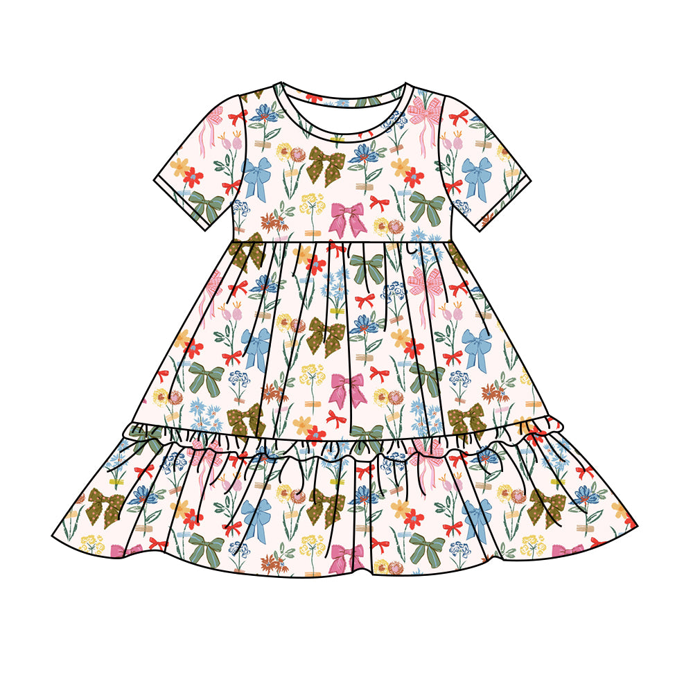 Preorder (moq 5)Baby Girls Spring Colorful Flowers Bows Knee Length Dresses