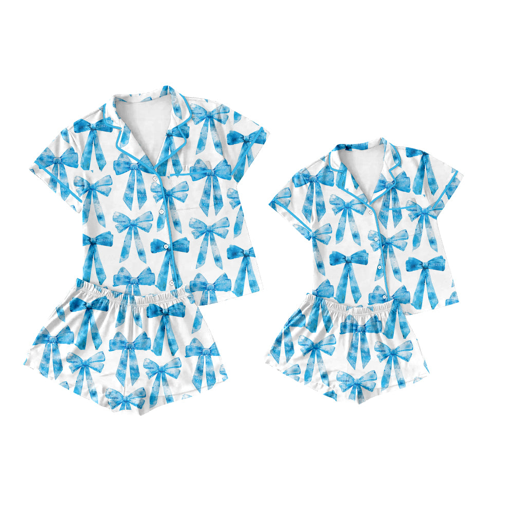 Preorder moq 5 Custom Mama And Me Blue Bows Button Pocket Top Short Pajamas Set