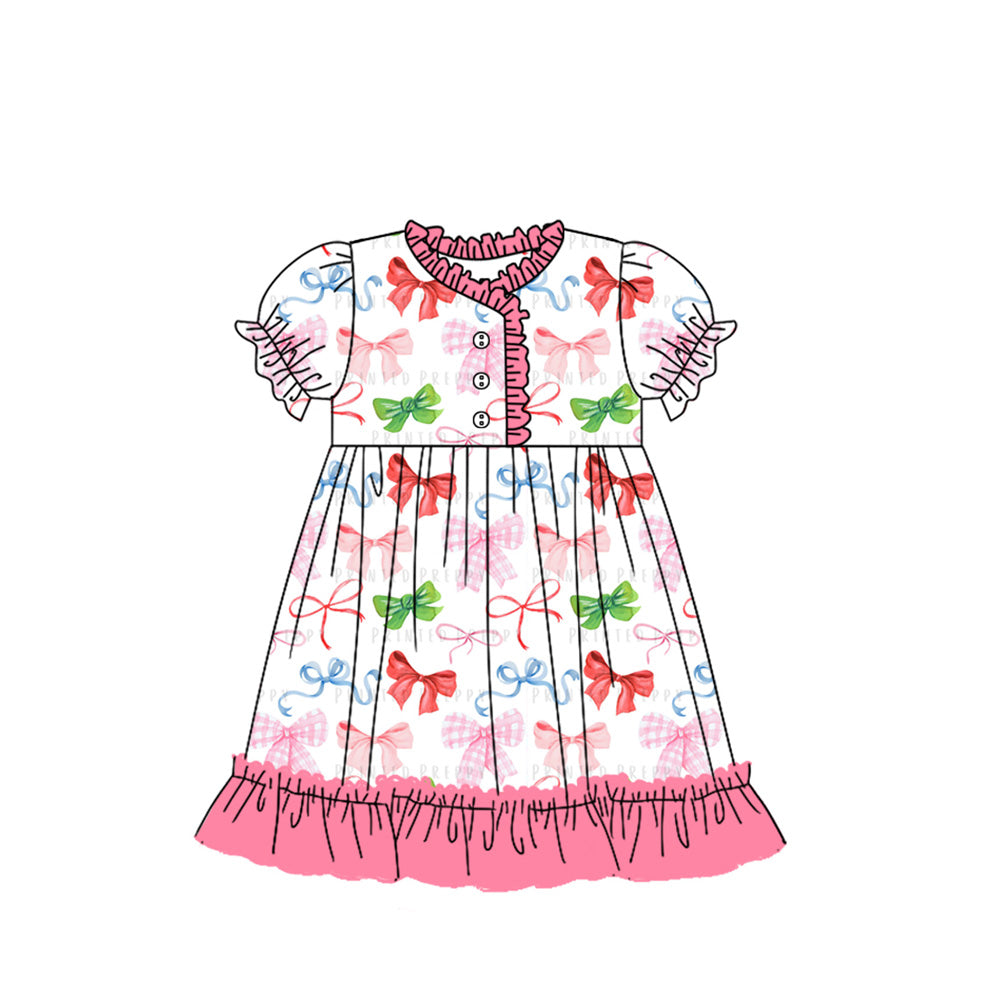 Preorder (moq 5)Baby Girls Colorful Bows Ruffle Knee Length Gowns Dresses