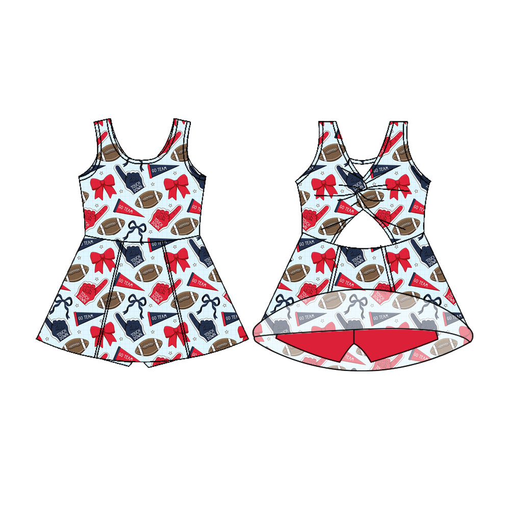 Preorder (moq 5)Baby Girls Sleeveless Red Hot Blue Bows Footballs Shorts Team Knee Length Dress