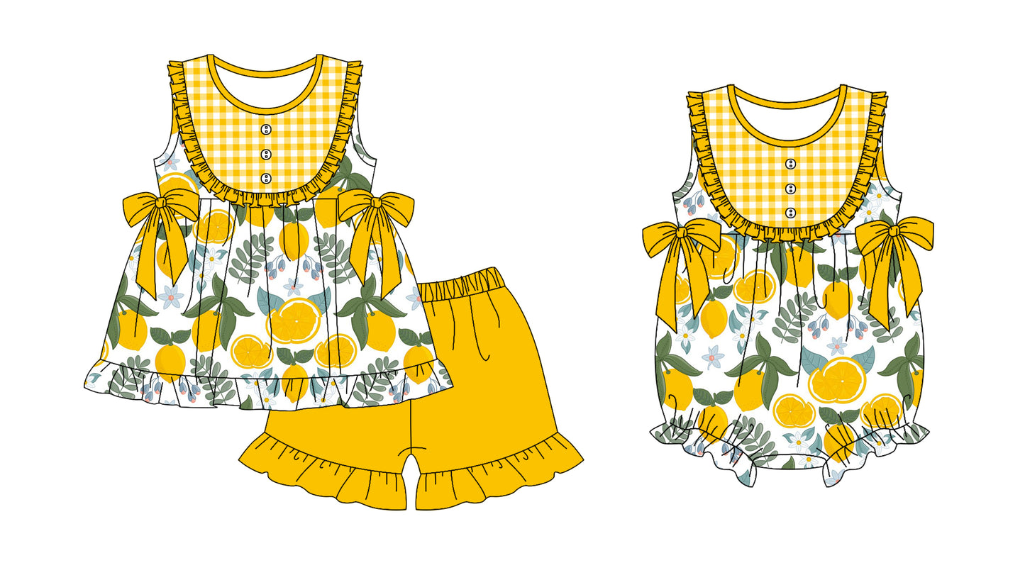 Preorder(moq 5 each)Sibling Baby Girls Summer Lemons Tunic Top Shorts Bows Rompers Clothes Sets