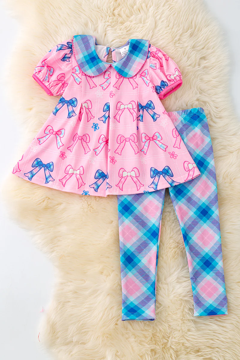 Preorder (moq 5)Baby Girls Pink Short Sleeves Flowers Bows Tunic Blue Plaid Legging Pant Set