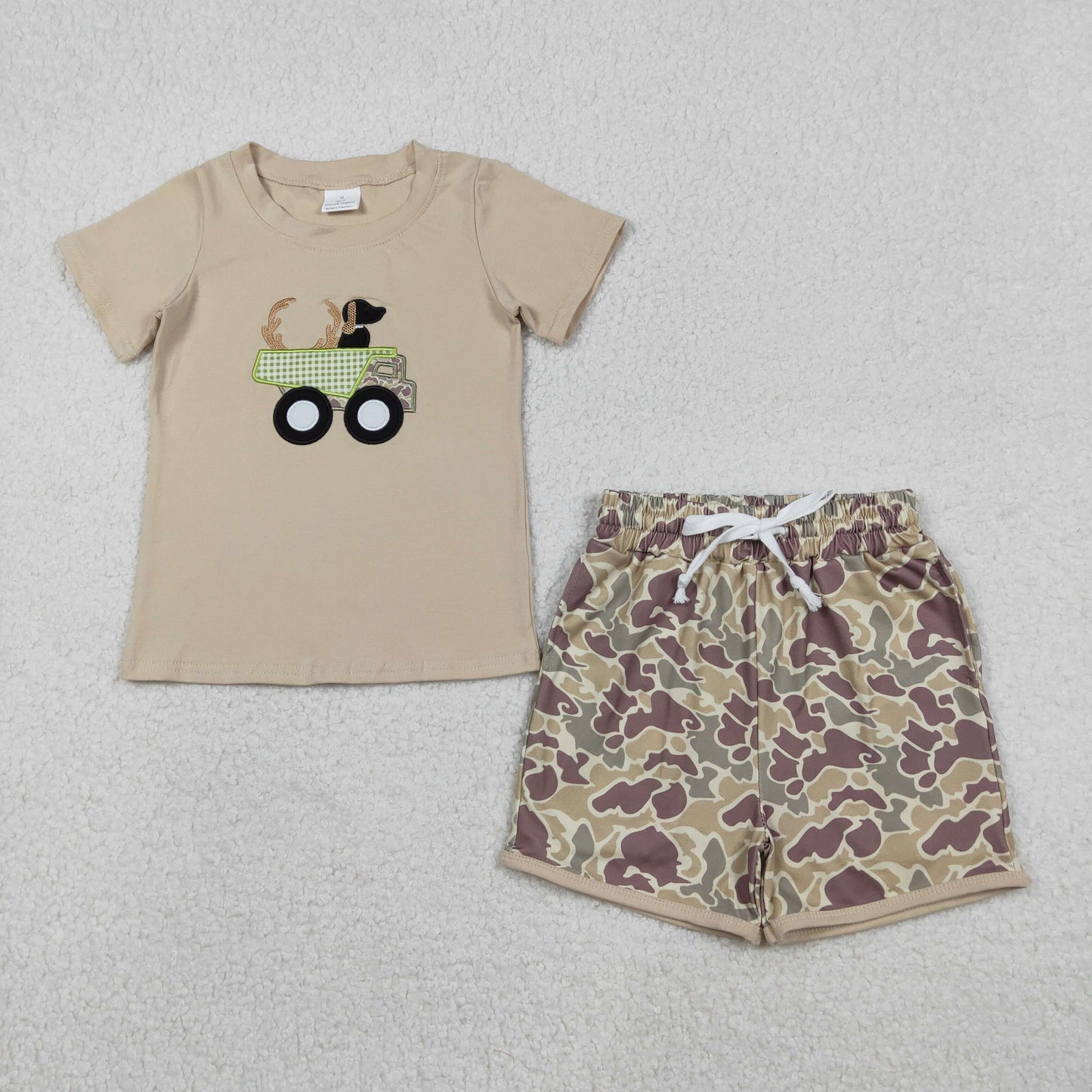 Embroidery Deer Truck Baby Boys Khaki Top Camo Shorts Hunting Clothes Sets