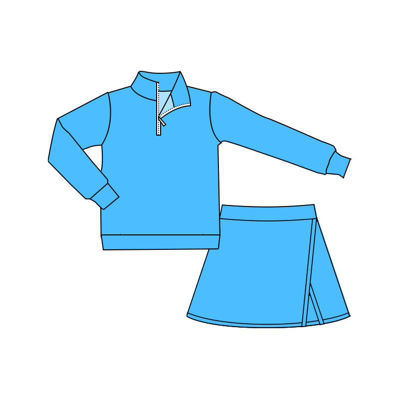 Preorder (moq 5)Baby Girls Blue Long Sleeves Zipper Pullovers Skorts Set