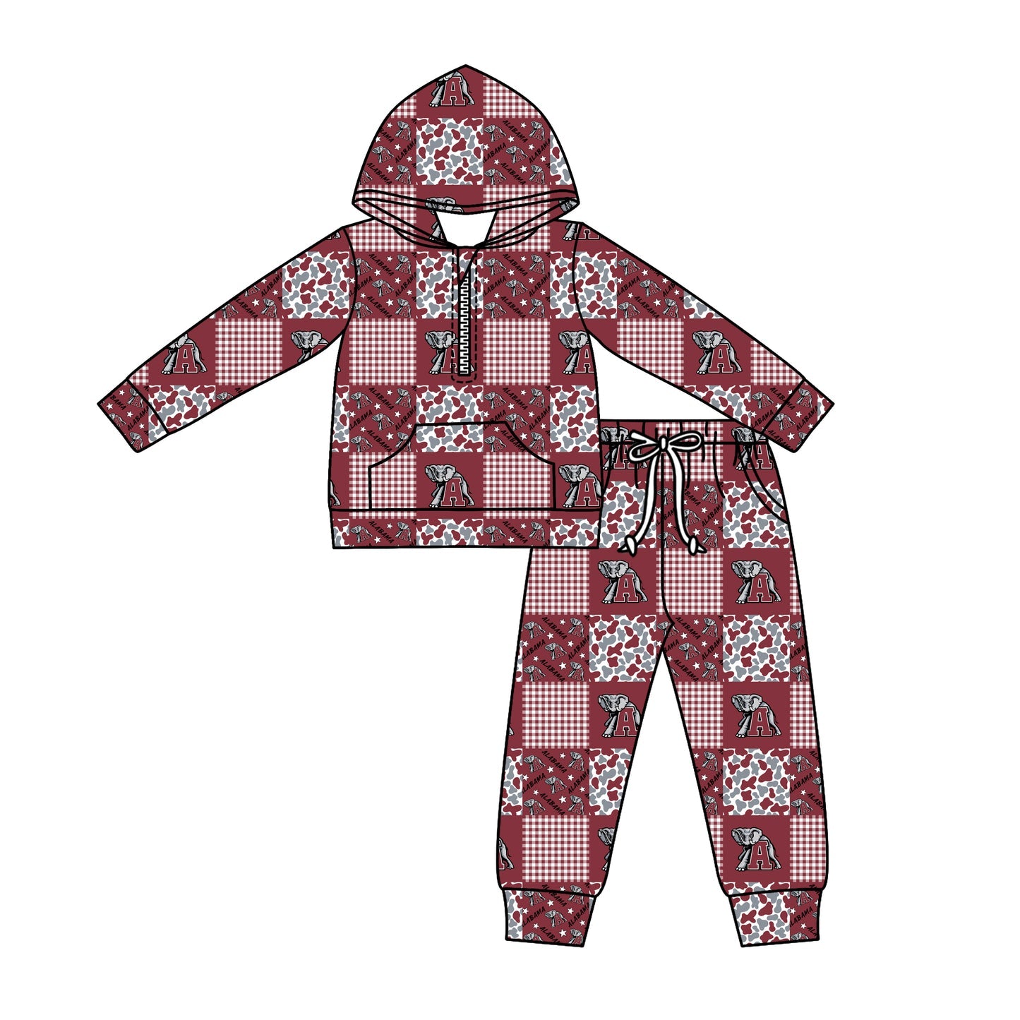 Preorder (moq 5)Baby Boys Camo A Elephants Checked Zipper Pockets Hoodies Pants Team Clothes Sets