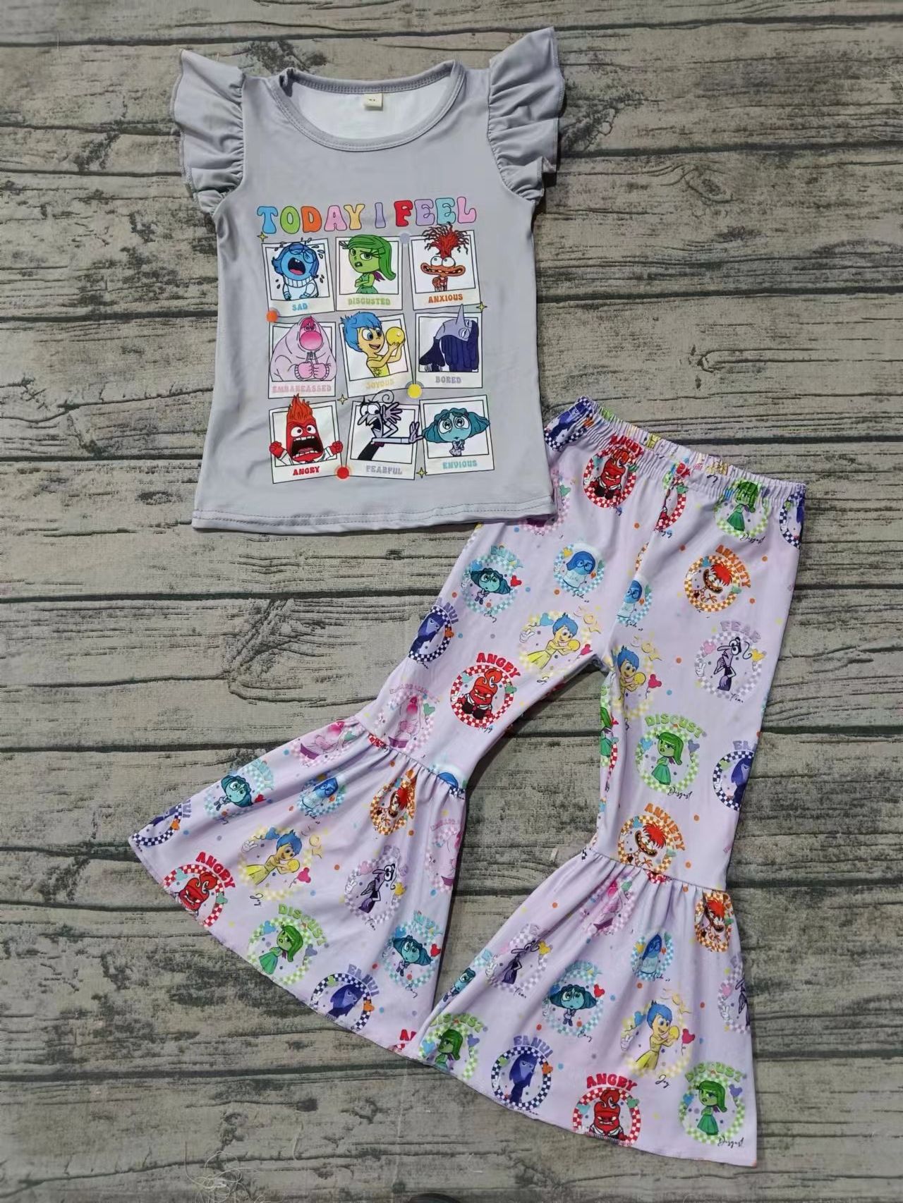 Preorder (moq 5)Baby Girls Cartoon Feel Grey Shirt Bell Pants Outfits Clothes Sets