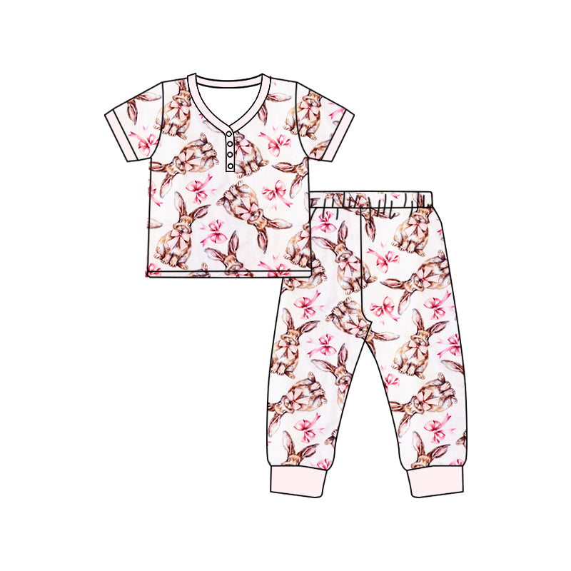 Preorder (moq 5)Baby Girls Easter Rabbits Bows Shirt Top Pants Pajamas