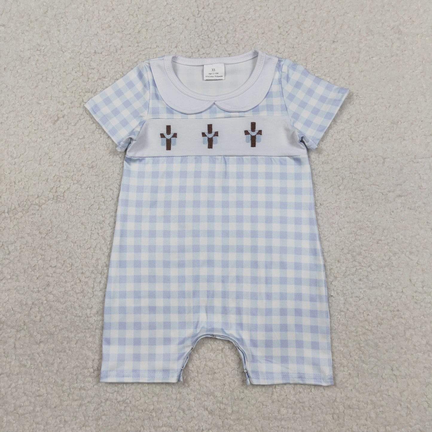Embroidery Crosses Baby Boys Blue Checked Easter Collar Rompers