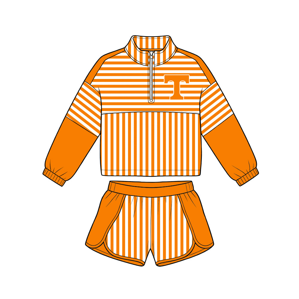Preorder (moq 5)Baby Girls Orange Stripe Tennessee Zip Pullovers Short Team Clothes Set