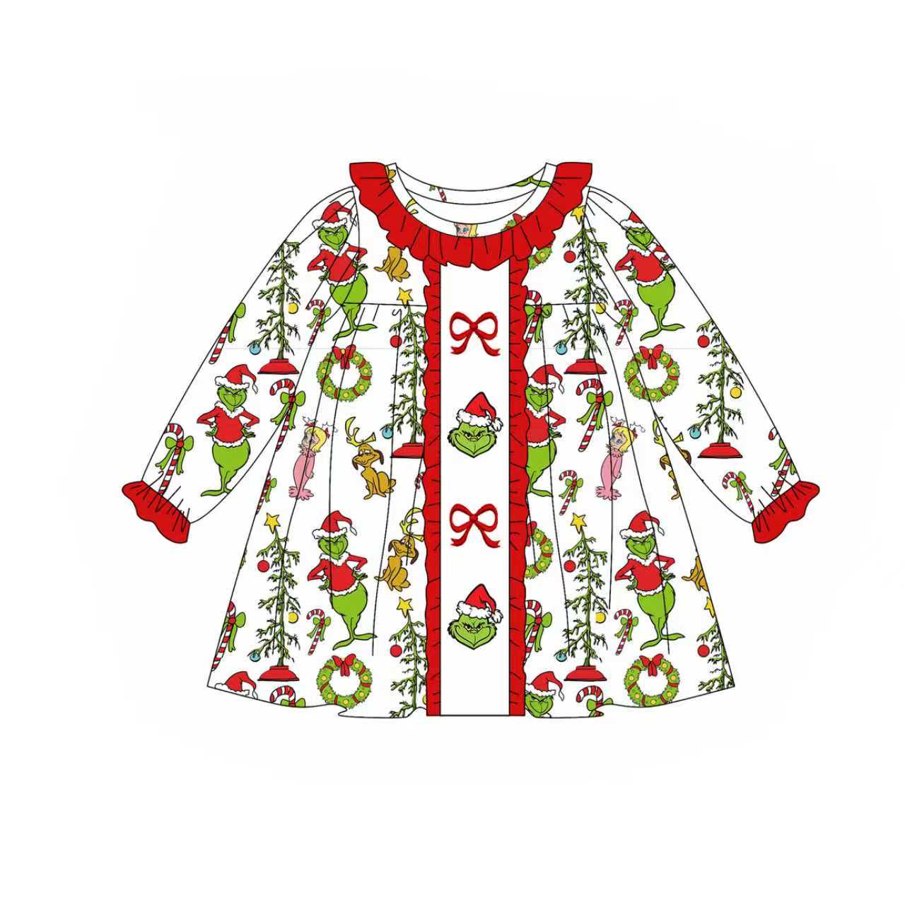 Preorder (moq 5)Baby Girls Green Face Candy Cane Christmas Knee Length Dresses