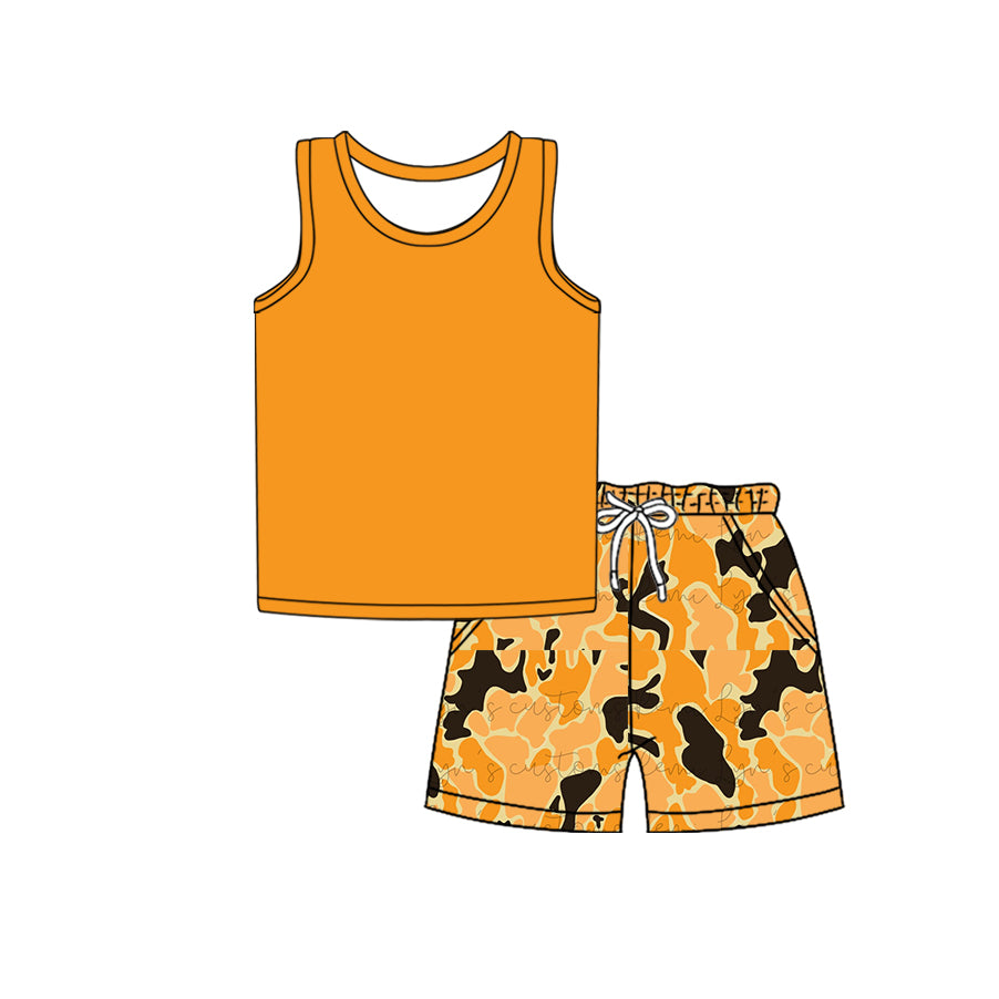 Preorder moq 5 Baby Boys Sleeveless Vest Top Orange Black Camo Short Set