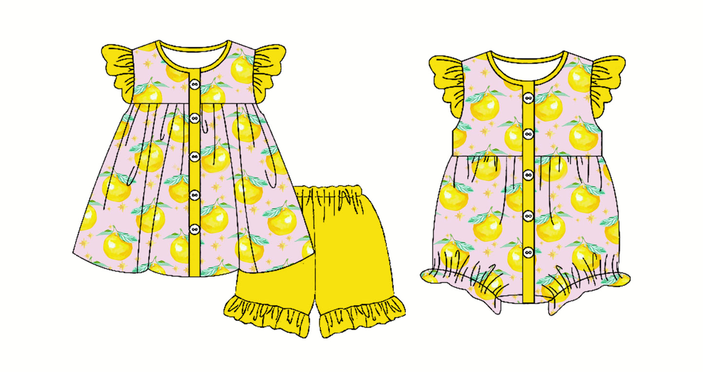 Preorder moq 5 Custom Baby Girls Yellow Flutter Sleeves Button Lemons Tunic Ruffle Short Set Rompers