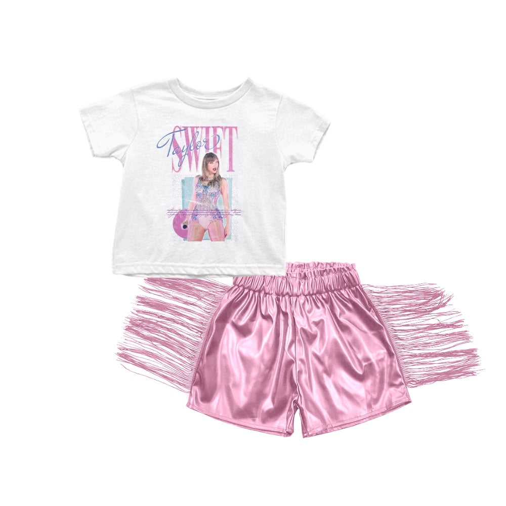 Baby Girls Pink Singer Swift Shirts Tassel Leather Shorts Clothes Sets preorder(moq 5)