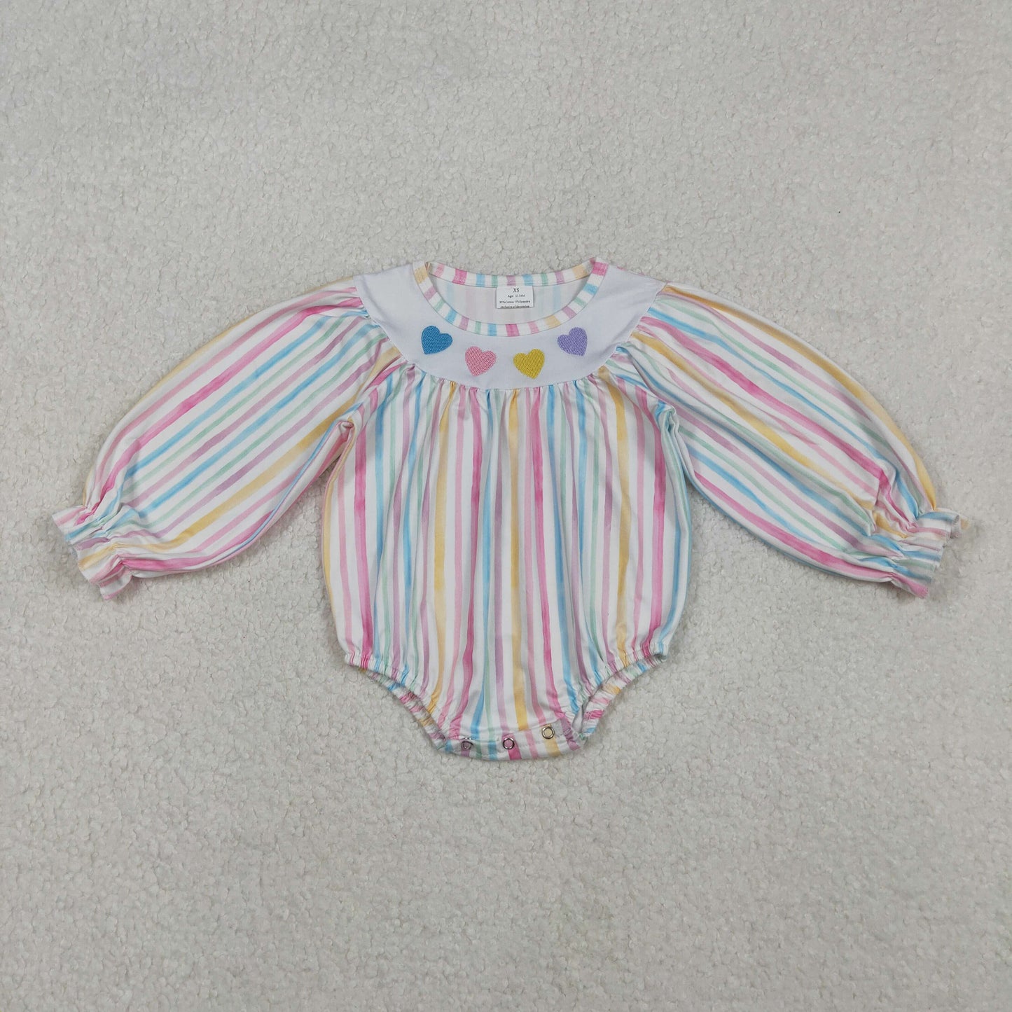 Embroidery Hearts Baby Girls Colorful Stripe Valentine Ruffle Rompers