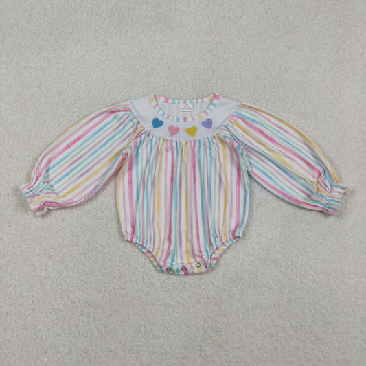 Sibling Baby Girls Colorful Stripe Embroidery Hearts Ruffle Sleeve Knee Length Dress Rompers