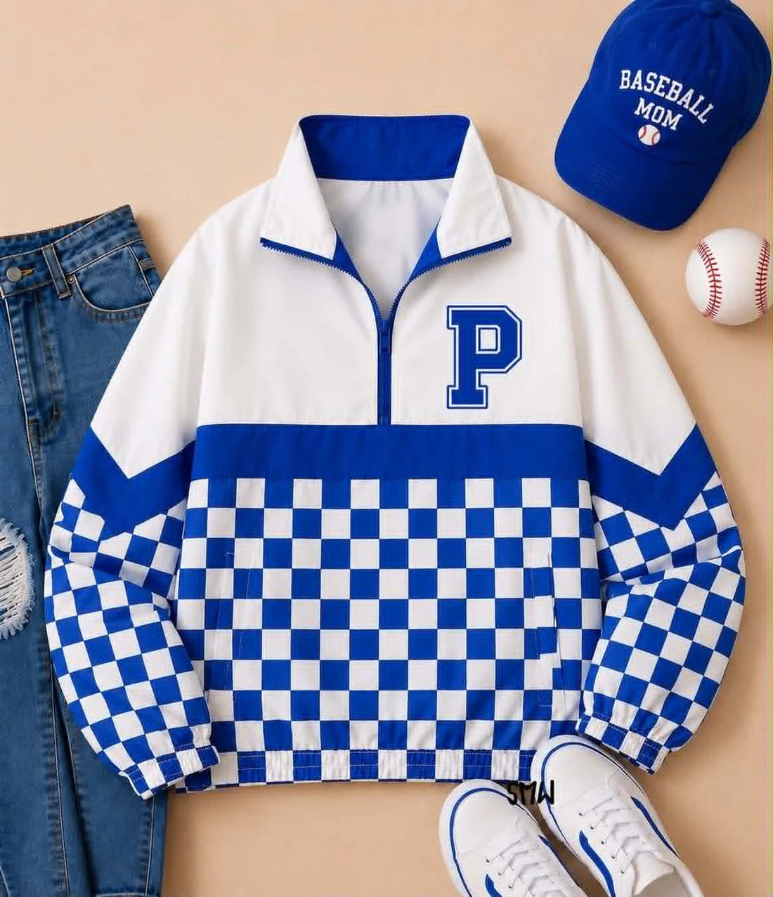 Preorder (moq 5)Baby Boys Long Sleeve Blue Checked P Team Zip Pullovers Tops