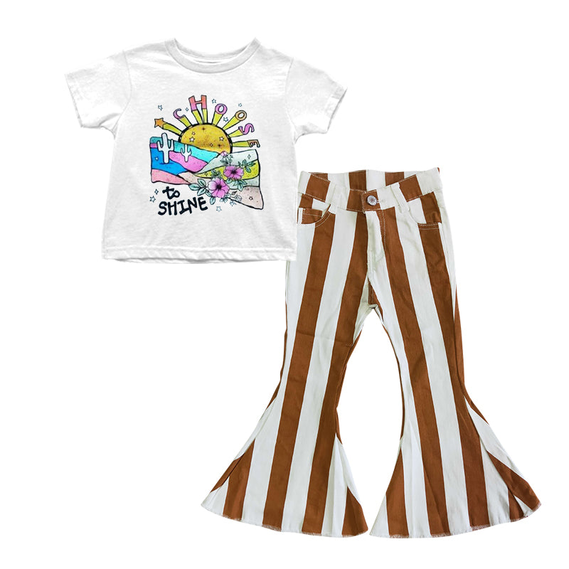 Baby Girls Choose To Shine Tee Shirts Tops Brown Stripes denim pants sets preorder(moq 5)