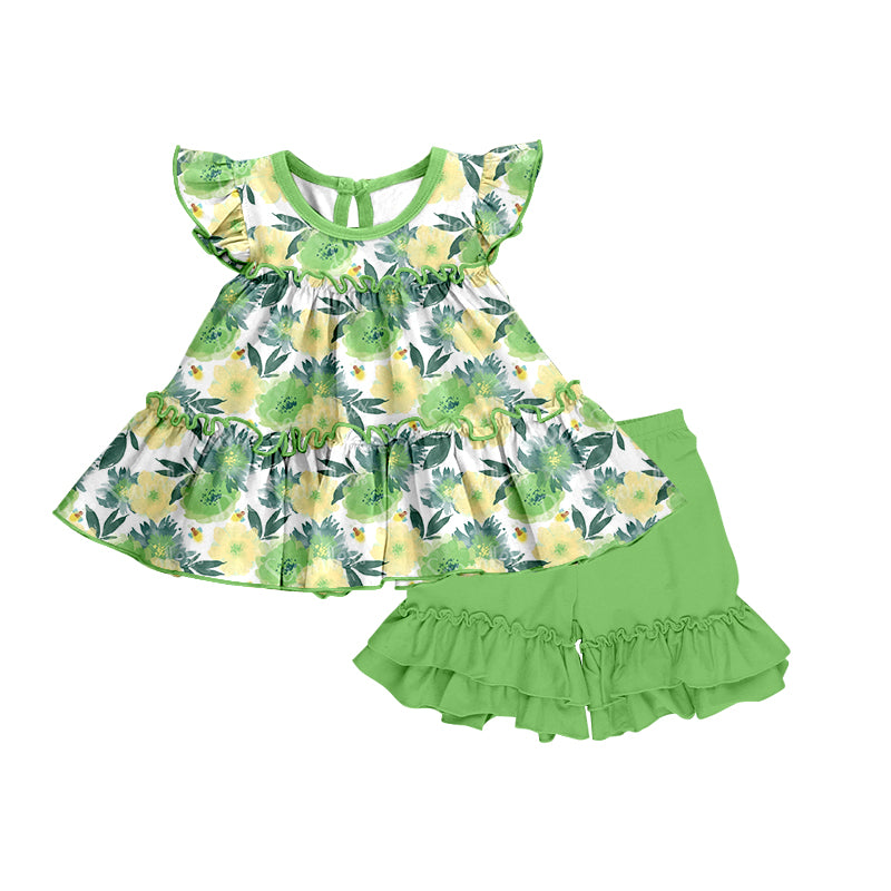 Baby Girls Green Yellow Flowers Tunic Top Ruffle Shorts Clothes Sets preorder(moq 5)