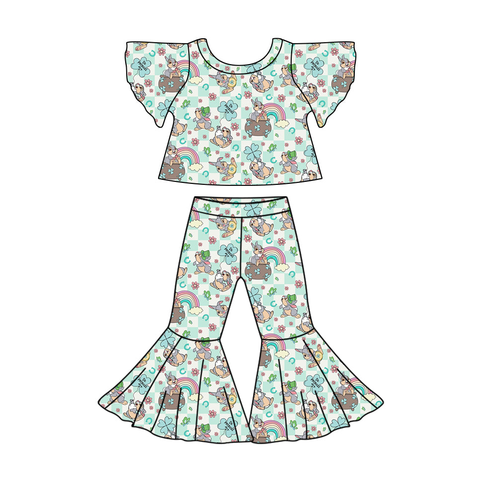 Preorder (moq 5)Baby Girls Easter Rabbits Top Bell Bottom Pants Clothes Sets