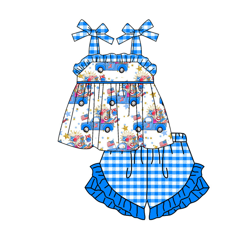 Baby Girls 4th Of July Truck Straps Tunic Ruffle Shorts Clothes Sets preorder(moq 5)