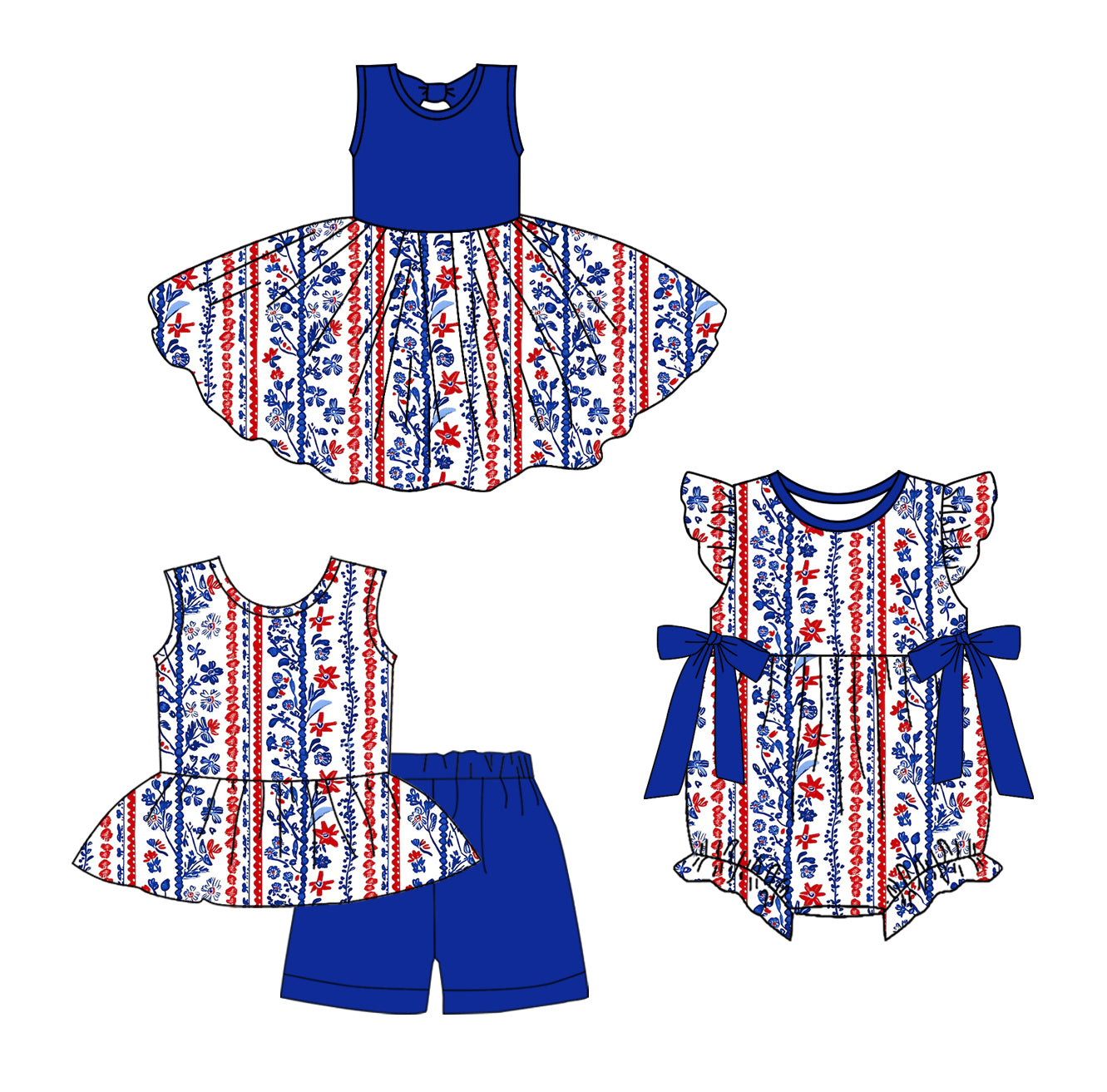 Preorder moq 5 Custom Baby Girls Navy Sleeveless Floral Stripe Tunic Short Set Knee Length Dress Ruffle Romper