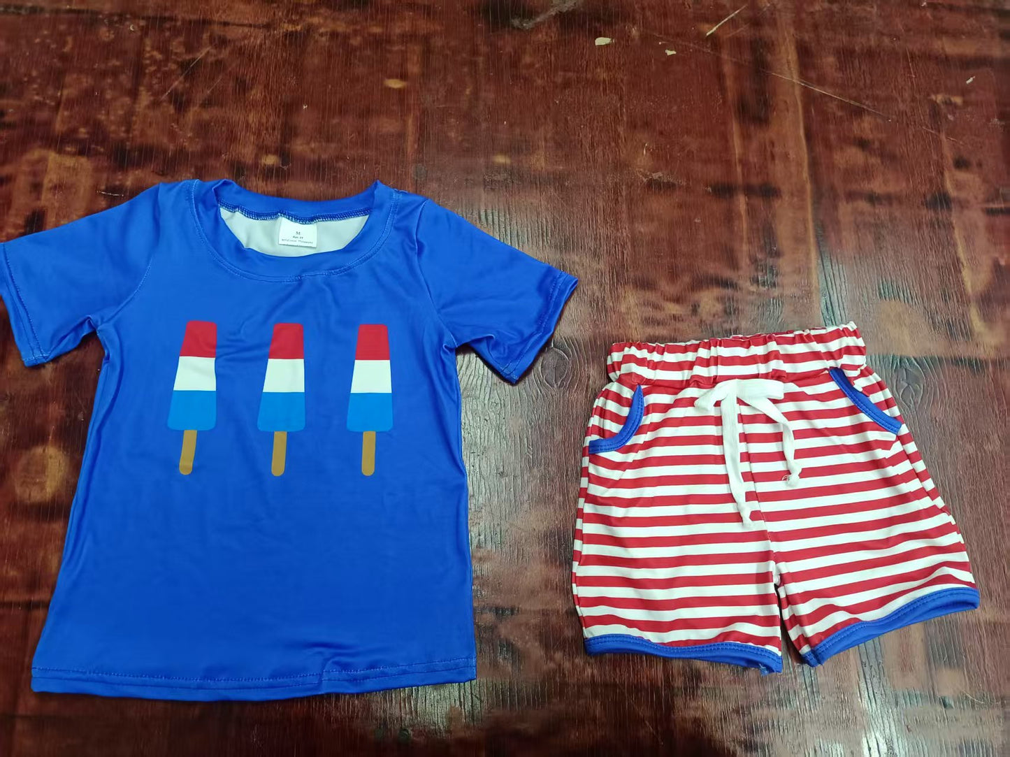 Preorder moq 5 Baby Boys Hot Blue Popsicle Top Red Stripe Pockets Short 4th Of July Set