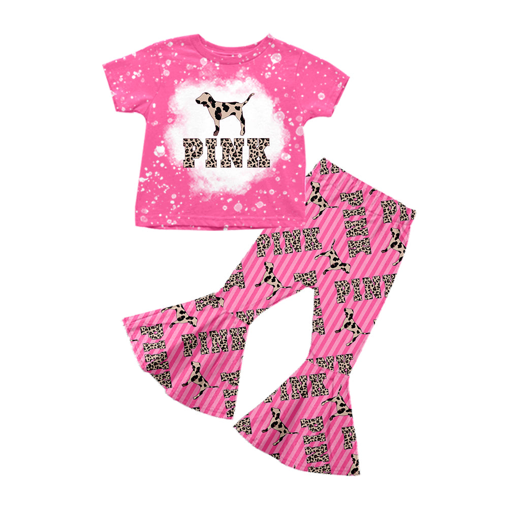Baby Girls Pink Dog Leopard Shirt Tops Bell Pants Clothes Sets preorder(moq 5)
