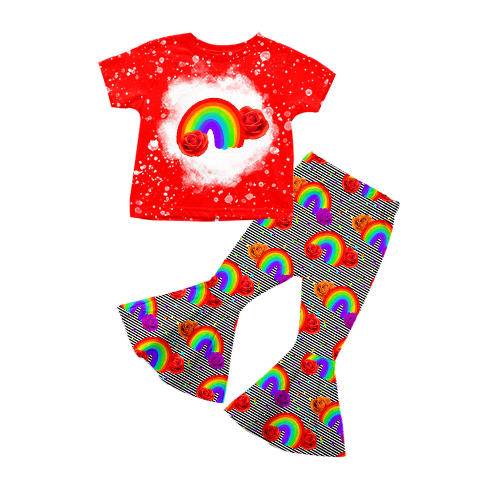 Baby Girls Rainbow Flowers Red Tee Top Bell Pants Clothes Sets preorder(moq 5)