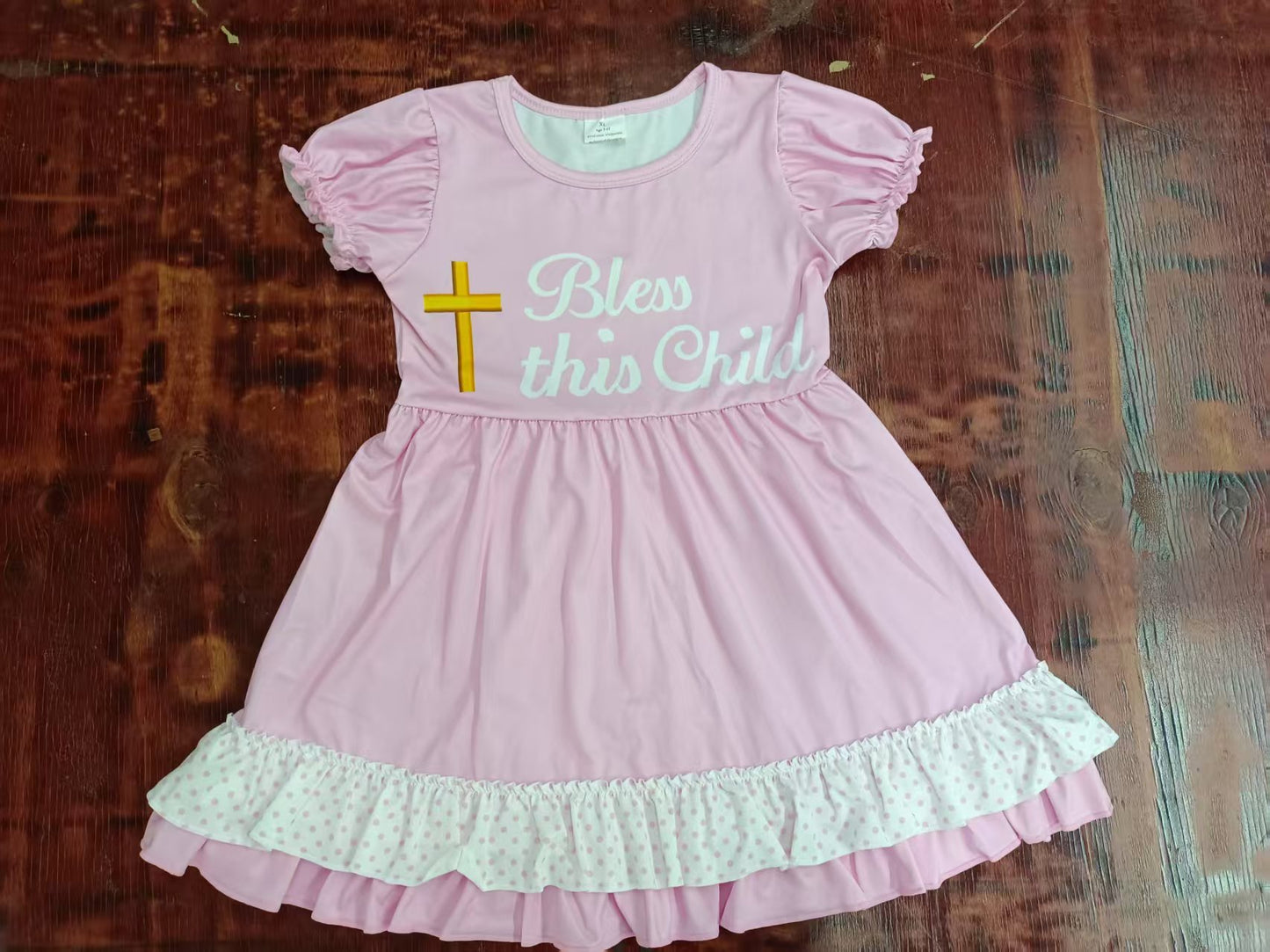 Preorder moq 5 Baby Girls Short Ruffle Sleeves Cross Bless This Child Knee Length Dress