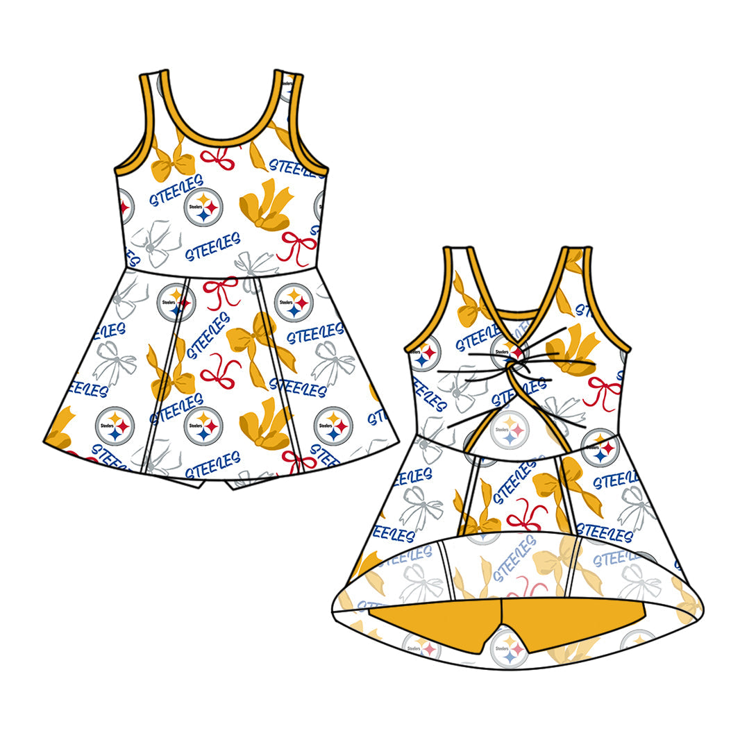 Preorder (moq 5)Baby Girls Sleeveless Bows Steelers Team Shorts Knee Length Dresses