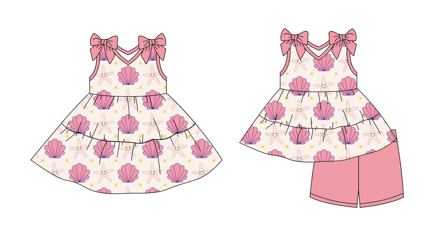 Preorder moq 5 Custom Baby Girls Pink Starfishes Tunic Short Set Knee Length Dresses