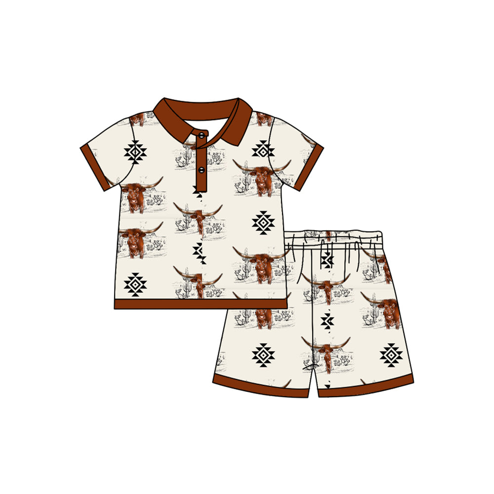 Preorder (moq 5)Baby Boys Western Cow Aztec Pullover Shirt Shorts Clothes Sets