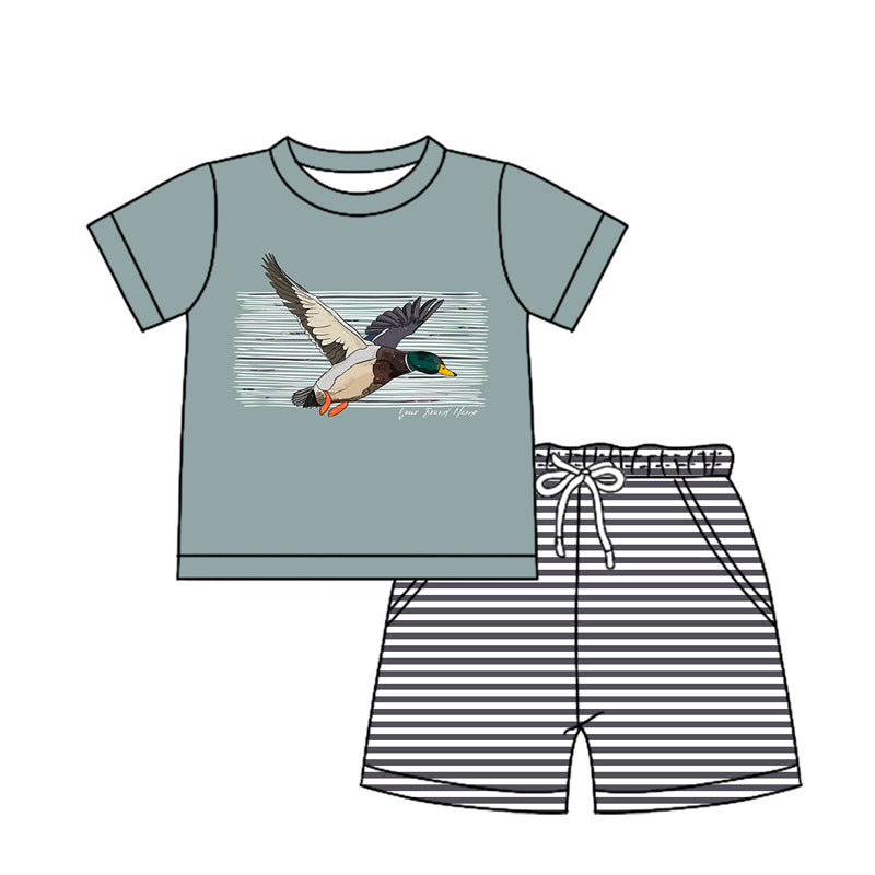 Preorder (moq 5)Baby Boys Mallard Ducks Hunting Blue Shirt Top Stripes Shorts Outfits