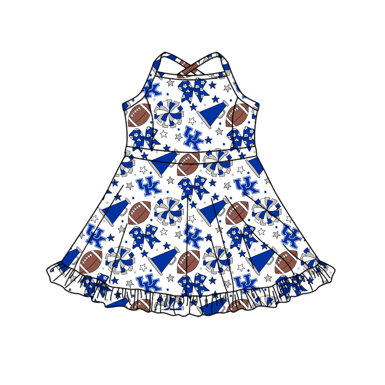 Preorder (moq 5)Baby Girls Strap Bows Stars Footballs Team Shorts Ruffle Knee Length Dress