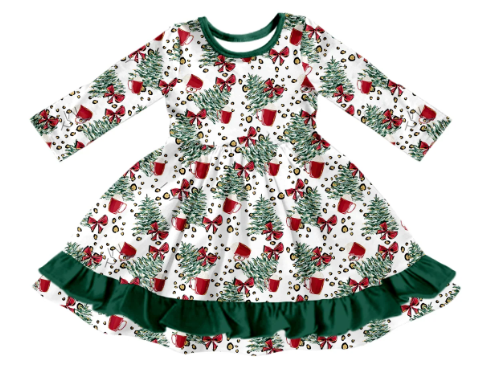 Preorder (moq 5)Baby Girls Green Red Bows Trees Ruffle Christmas Knee Length Dresses