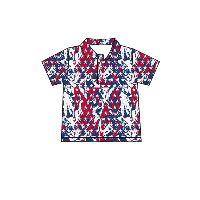 Preorder (moq 5)Baby Boys Short Sleeve Stars Camo 4th of July Button Polo Shirts Top