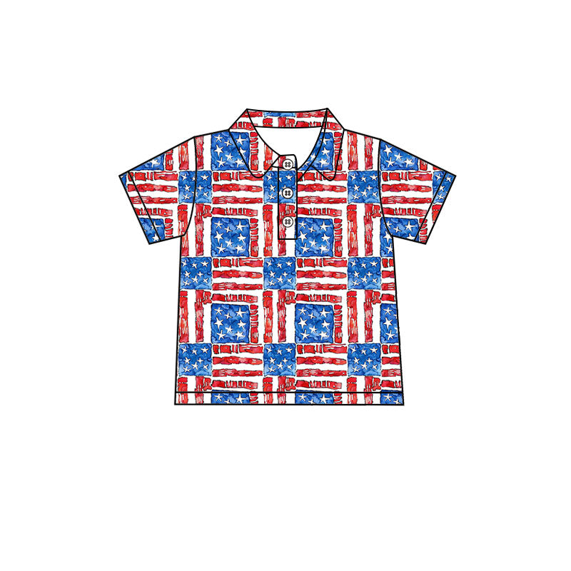Preorder (moq 5)Baby Boys Short Sleeve Flags Checked 4th of July Button Polo Shirts Top