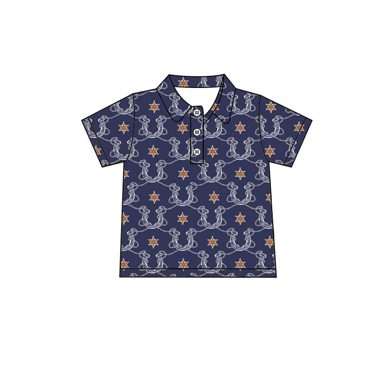 Preorder (moq 5)Baby Boys Short Sleeve Star Shoes Checked Western Button Polo Shirts Top