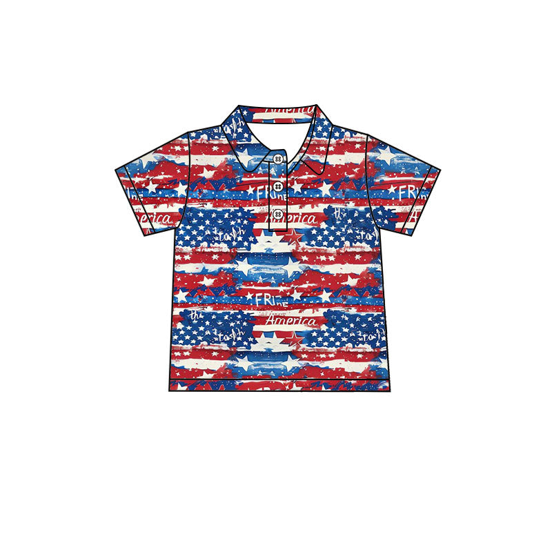 Preorder (moq 5)Baby Boys Short Sleeve Flags America 4th of July Button Polo Shirts Top