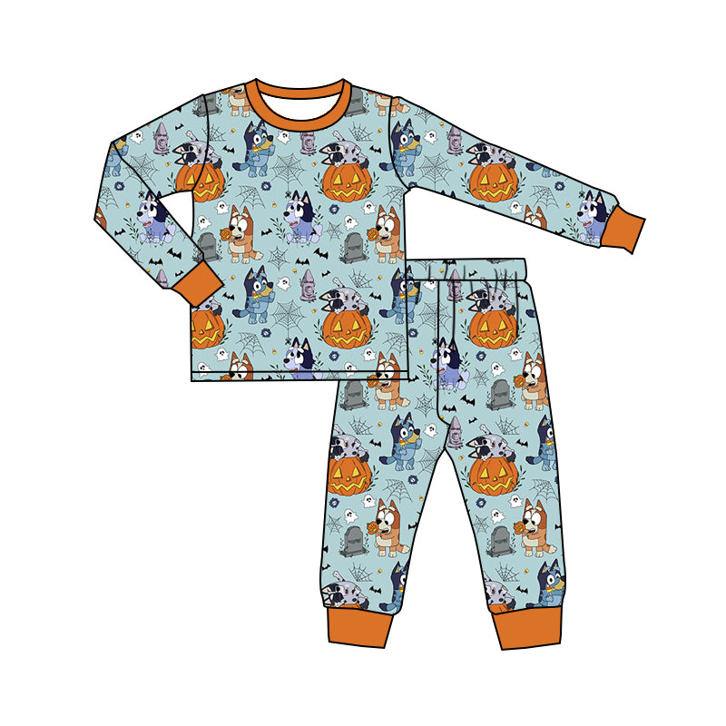 Baby Girls Halloween Dog Pumpkins Top Pants Pajamas Clothes Sets Preorder(moq 5)