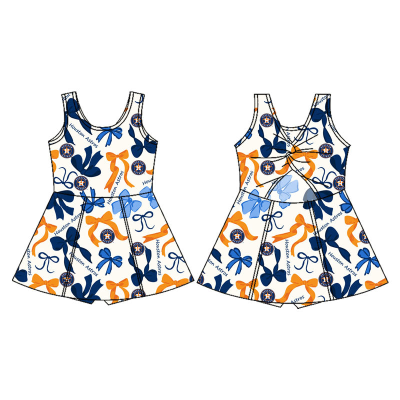 Preorder (moq 5)Baby Girls Huston Team Sleeveless Back Bow Straps Dresses